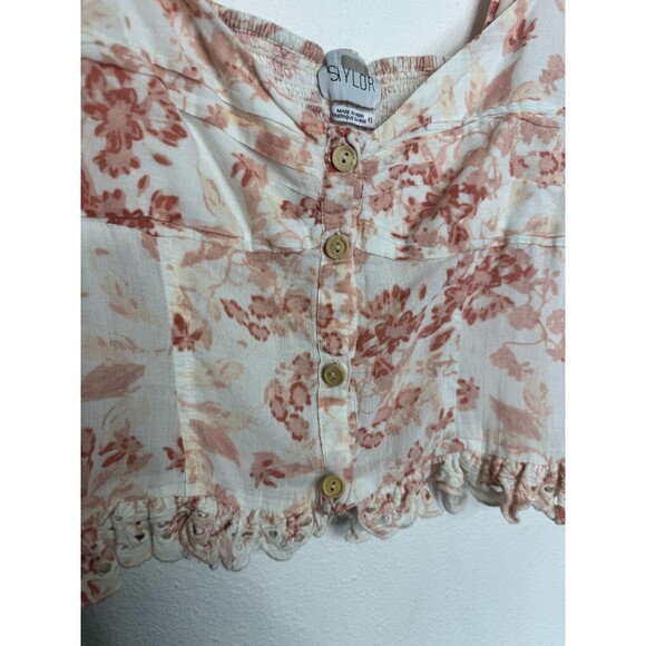 SAYLOR Size XS Janiya Floral Eyelet Crop Top V-Neck Ruffle Smocked Button Front - Picture 12 of 15